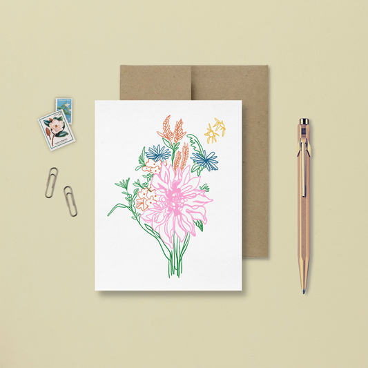 carte de souhait avec une illustration minimaliste et colorée d'un bouquet de fleur