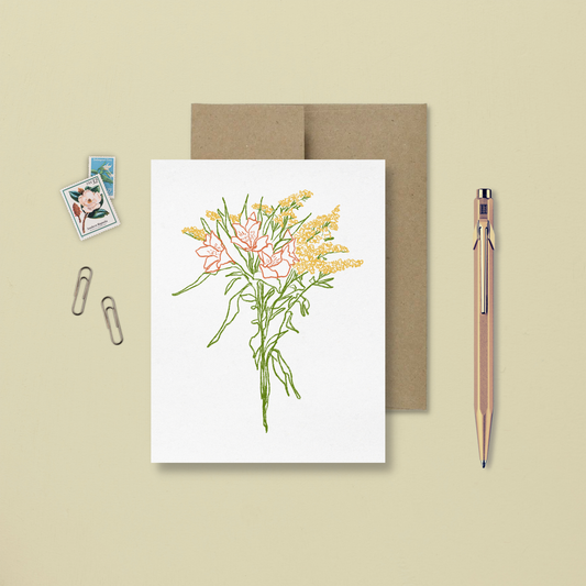 carte de souhait avec une illustration minimaliste et colorée d'un bouquet avec des fleurs jaunes