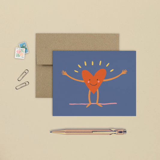 carte de souhait avec une illustration minimaliste d'un coeur heureux ouvrant les bras