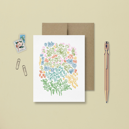 carte de souhait avec une illustration minimaliste et colorée avec des motifs floraux abstraits