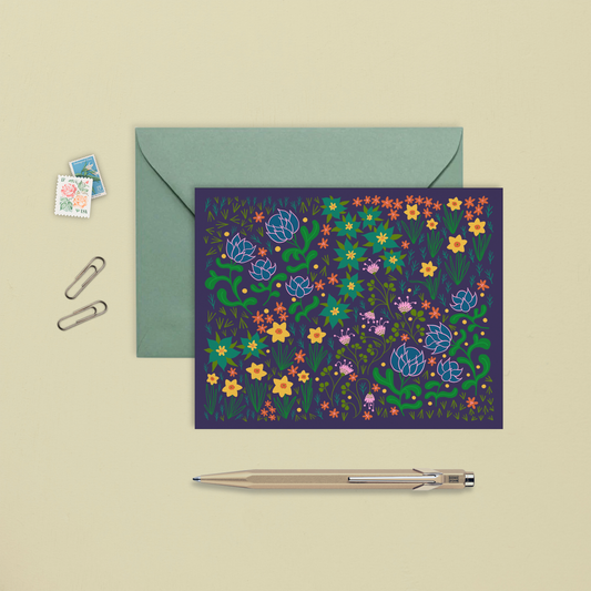 carte de souhait avec une illustration colorée d'un jardin de fleurs