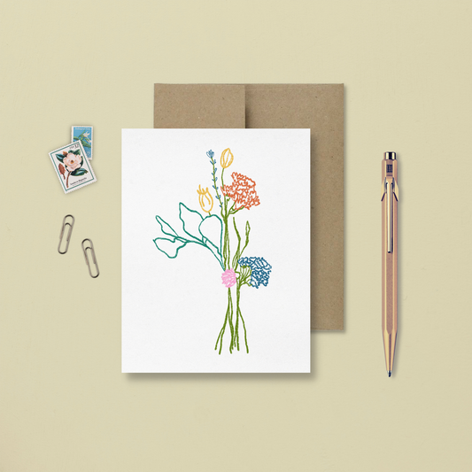 carte de souhait avec une illustration minimaliste et colorée d'un petit bouquet de fleurs